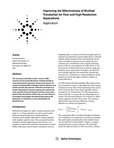 Agilent Improving the Effectiveness of Method Translation for Fast High Resolution Separations - cover page