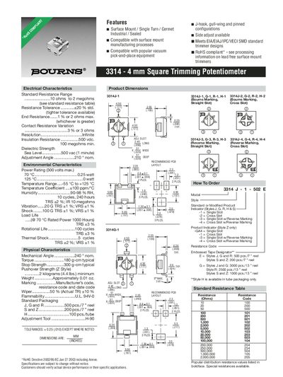 Bourns 3314 4 mm Square Trimming Potentiometer Datasheet - cover page