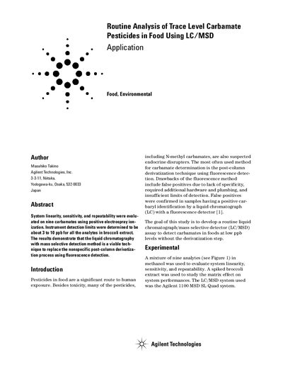 Agilent 1100 MSD SL Quad Routine Analysis of Trace Level Carbamate Pesticides Application Note - cover page