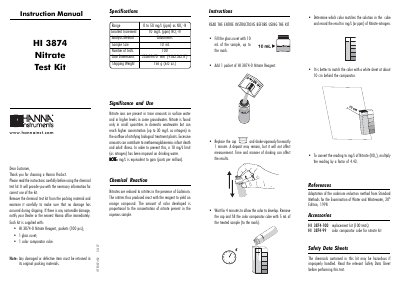 Hanna Instruments HI 3874 Nitrate Test Kit Instruction Manual - cover page