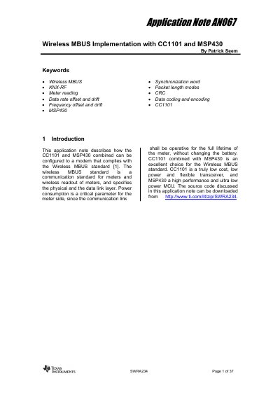 Texas Instruments CC1101 and MSP430 Wireless MBUS Implementation Application Note