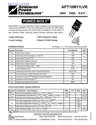 ADVANCED POWER TECHNOLOGY APT10M11LVR 100V 100A 0.011 handbook - cover page