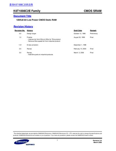 Samsung K6T1008C2E CMOS SRAM Datasheet - cover page