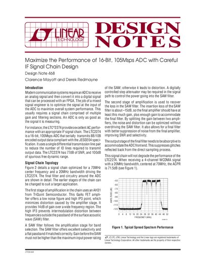 LINEAR Maximize the Performance of 16-Bit 105Msps ADC with Careful IF Signal Chain Design Design Note 468 Clarence Mayott Derek Redmayne - cover page