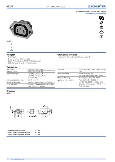 SCHURTER 6600-3 Appliance Couplers Product Leaflet - cover page