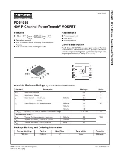 Fairchild FDS4685 P-Channel MOSFET Datasheet - cover page