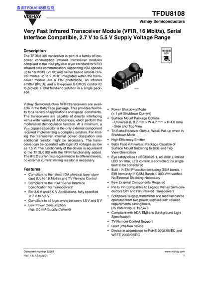 Vishay TFDU8108 Infrared Transceiver Module Datasheet - cover page