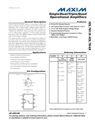 Maxim ICL761X–ICL764X Operational Amplifier Datasheet - cover page