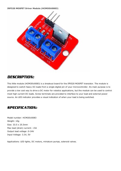 HobbyComponents HCMODU0083 MOSFET Driver Module User Manual