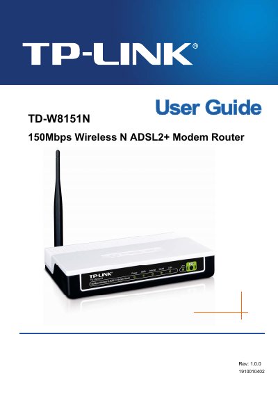 TP-LINK TD-W8151N 150Mbps Wireless N ADSL2+ Modem Router User Guide - cover page