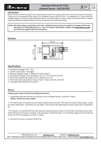 FrSky ASS100 ADV Airspeed Sensor Instruction Manual - cover page