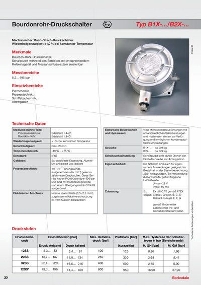 Barksdale B1X/B2X Bourbon Tube Pressure Switch Technical Data - cover page