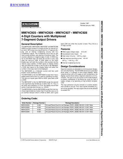 FAIRCHILD MM74C925 MM74C926 MM74C927 MM74C928 4-Digit Counters with Multiplexed 7-Segment Output Drivers datasheet - cover page