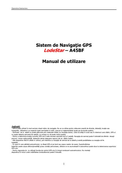 LodeStar A45BF GPS Navigation System Operation Instructions - cover page