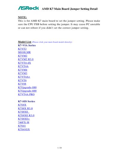 ASRock AMD K7 Main Board Jumper Setting Manual - cover page