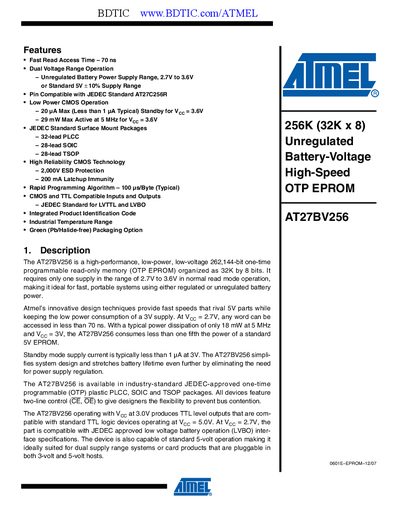Atmel AT27BV256 OTP EPROM Datasheet - cover page