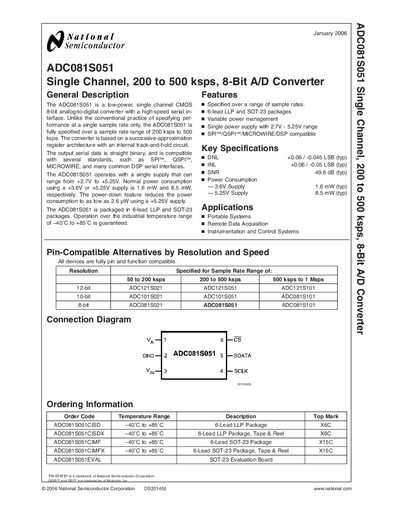 NATIONAL SEMICONDUCTOR -ADC081S051 Single Channel 200 to 500 ksps 8-Bit A/D Converter handbook - cover page