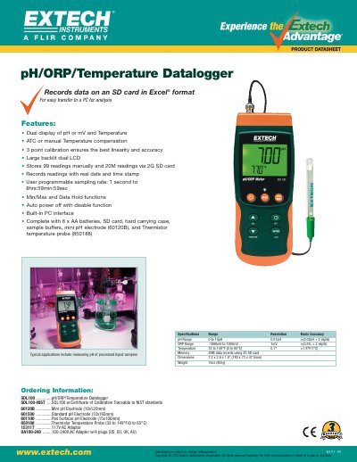 EXTECH SDL100 ..............pH/ORP/Temperature Datalogger SDL100-NIST ....SDL100 w/Certificate of Calibration Traceable to NIST standards 60120B ..............Mini pH Electrode (10x120mm) 601500 ..... - cover page