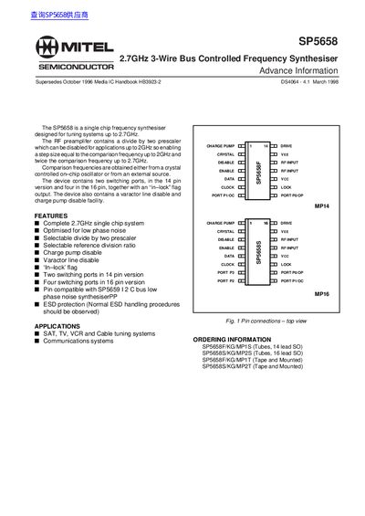 Mitel SP5658 Frequency Synthesiser Datasheet - cover page