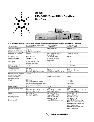 Agilent 8347A, 8447A, 8447D Amplifiers Data Sheet