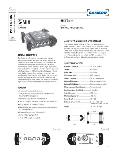 Samson SeMix Mini Mixer Product Specification Sheet - cover page
