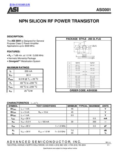 Advanced Semiconductor ASI3001 NPN Silicon RF Power Transistor Datasheet - cover page