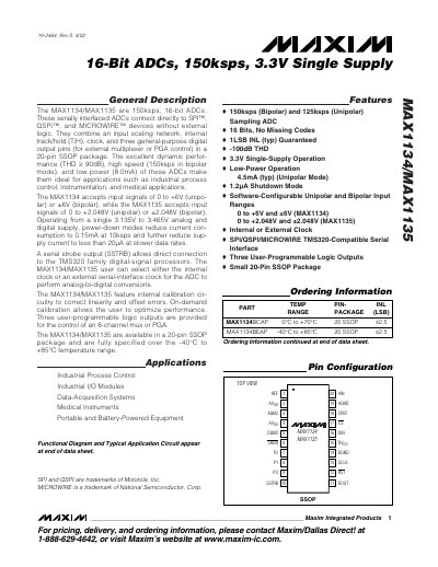 Maxim MAX1134/MAX1135 16‑Bit ADC Datasheet - cover page