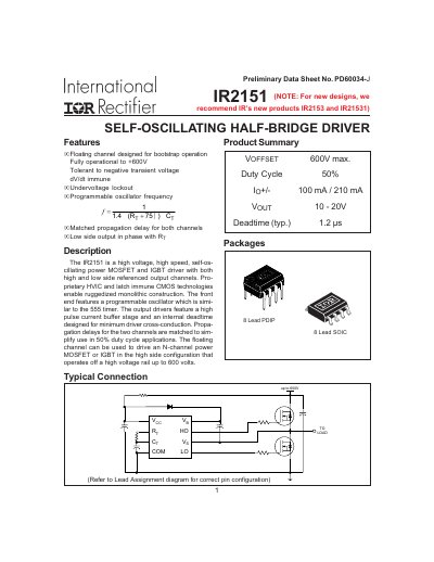 international IOR rectifier IR2151 (NOTE: For new designs we recommend IR s new products IR2153 IR21531) - cover page