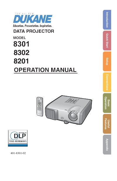 Dukane 8301/8302/8201 Data Projector Operation Manual - cover page