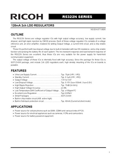 Ricoh R5322N Series 120mA 2ch LDO Regulators Datasheet