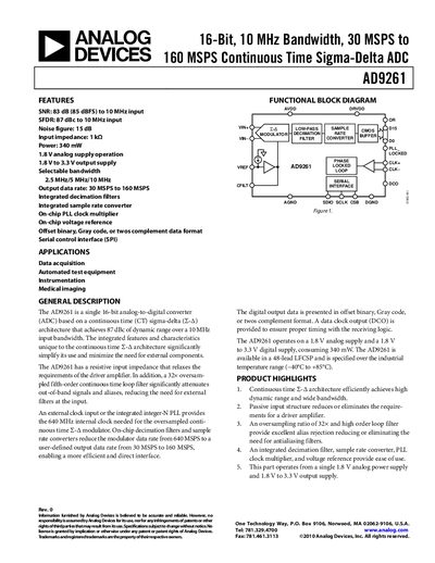 Analog Devices AD9261 16‑Bit 30‑160 MSPS ADC Datasheet