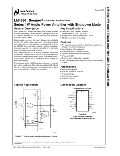 National Semiconductor LM4860 1W Audio Power Amplifier with Shutdown Mode Handbook - cover page