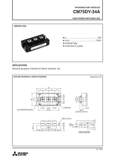 Mitsubishi CM75DY-34A IGBT Module Datasheet - cover page