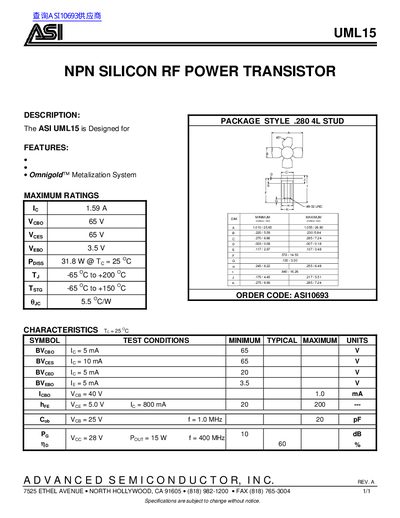 ASI UML15 NPN Silicon RF Power Transistor Datasheet - cover page