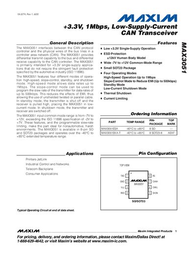 Maxim MAX3051 CAN Transceiver Datasheet - cover page