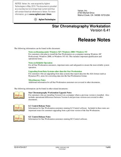 Agilent Star Chromatography Workstation Version 6.41 Release Notes - cover page