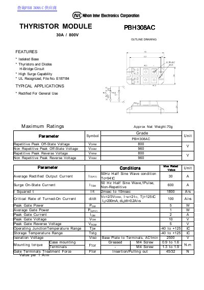Nihon Inter Electronics PBH308AC Thyristor Module Datasheet - cover page