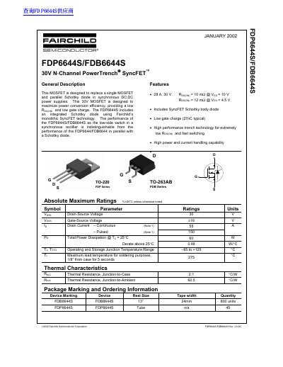 Fairchild FDP6644S/FDB6644S 30V N-Channel PowerTrench SyncFET Datasheet