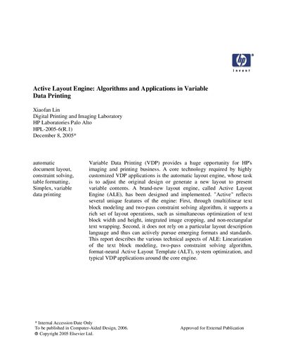 HP Active Layout Engine Manual – Algorithms and Applications in Variable Data Printing - cover page