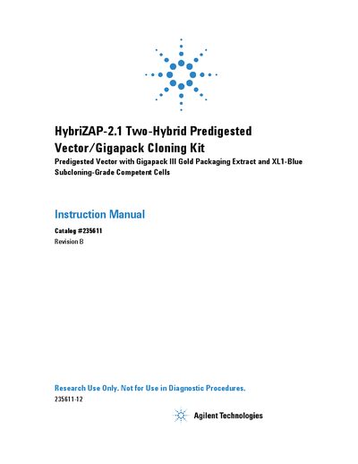 Agilent HybriZAP-2.1 Two-Hybrid Predigested Vector/Gigapack Cloning Kit Instruction Manual - cover page