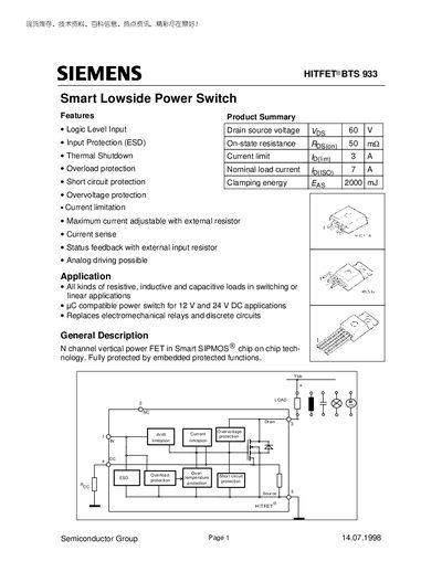Siemens BTS 933 Smart Lowside Power Switch Datasheet
