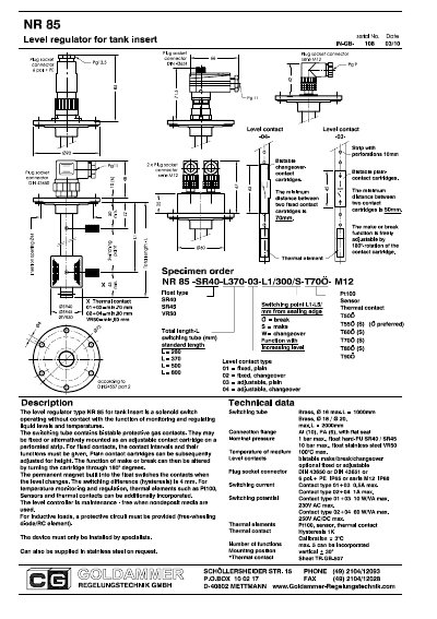 Goldammer NR 85 Level Regulator Data Sheet - cover page