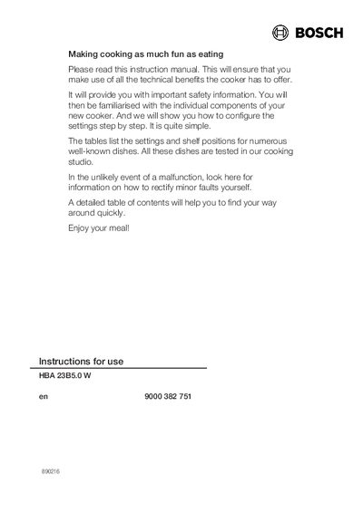 Bosch HBA 23B5.0 W Oven User Manual - cover page