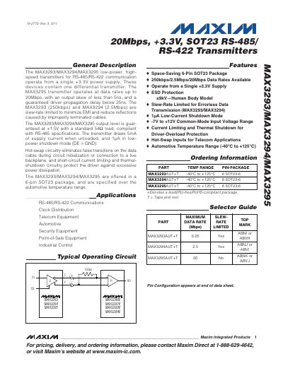 Maxim MAX3293/MAX3294/MAX3295 RS-485/RS-422 Transceiver Datasheet - cover page