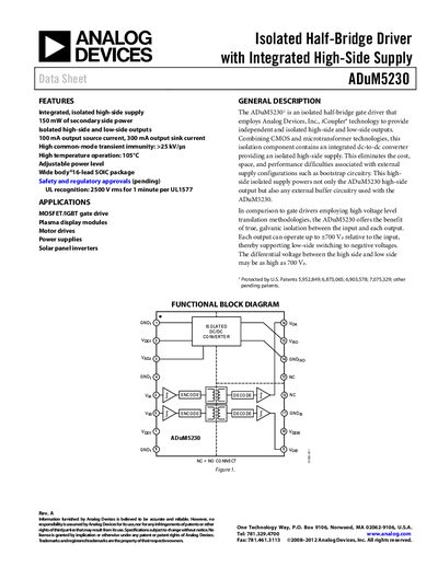 Analog Devices ADuM5230 Isolated Half‑Bridge Driver Datasheet - cover page
