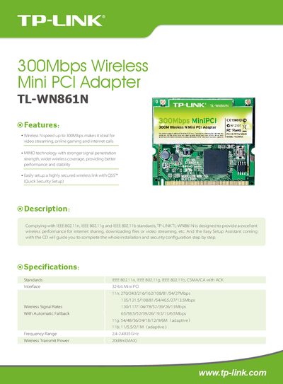 TP-Link TL-WN861N 300Mbps Wireless Mini PCI Adapter Quick Start Guide - cover page