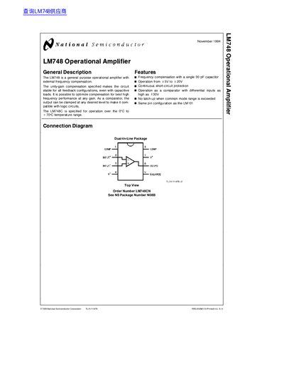 National Semiconductor LM748 Operational Amplifier Datasheet - cover page