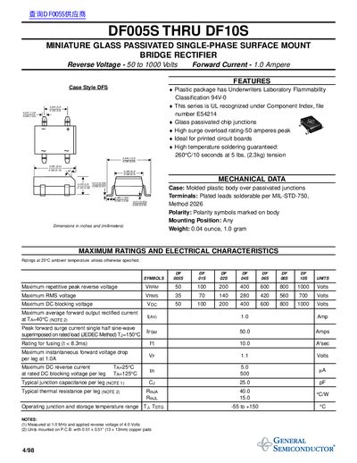 General Semiconductor DF005S-DF10S Bridge Rectifier Datasheet - cover page