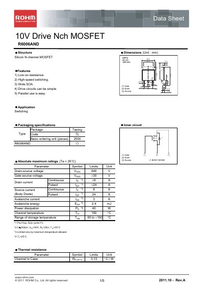 ROHM R6006AND Datasheet - cover page
