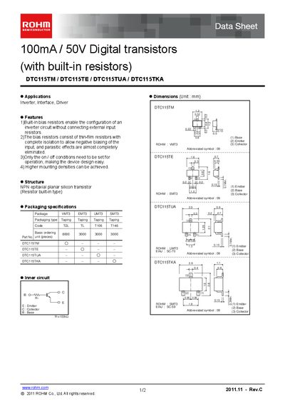 ROHM DTC115TM/DTC115TE/DTC115TUA/DTC115TKA Datasheet - cover page